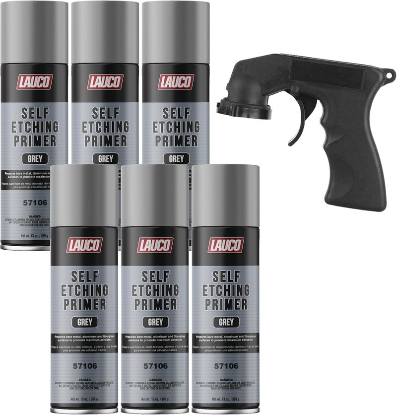 LAUCO Self Etching Primer Grey Aerosol Spray Can With Aerosol Spray Gun - Pack of 6 - Automotive and Industrial Primer - Great for use on Bare Metal Areas Before applying Truck Bed Liner (57106) - Image 1